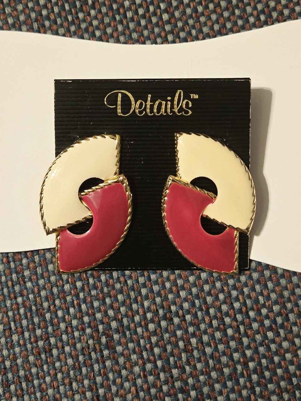 Vintage Cream and Fuchsia Enamel Circular Post Earrings